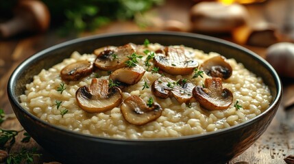 Creamy mushroom risotto topped with sautÃ©ed mushrooms and fresh thyme, served in a rustic bowl on a wooden table.