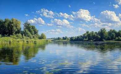 Fototapeta premium Tranquil Summer Scene with River and Lush Trees under Blue Sky and Soft Clouds