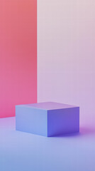 Obraz premium Minimalist Pastel Display: A solitary light blue podium sits on a soft purple floor, bathed in a gradient of pastel pink and purple light.