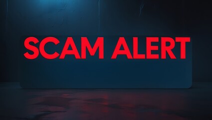 Scam Alert: Bold red words spelling "SCAM ALERT" on a illuminated box that gives warning against fraudulent activities and cybercrime.