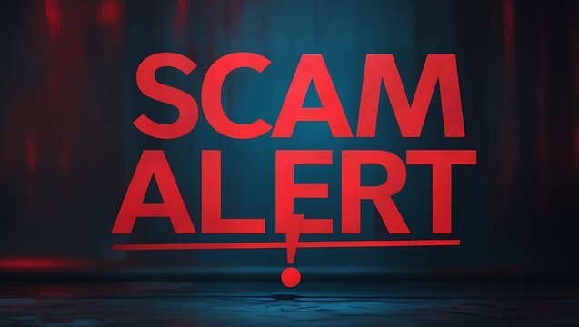 Scam Alert: A bold red "SCAM ALERT" message illuminated against a dark, textured backdrop, designed to warn and inform viewers about fraudulent activities. 