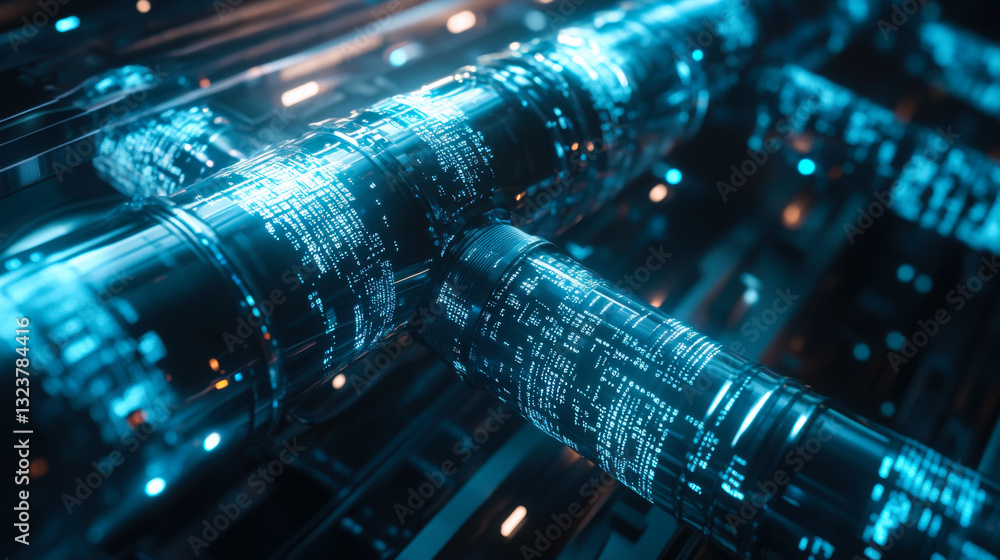Poster abstract representation of digital data flow in a futuristic environment with glowing elements and i