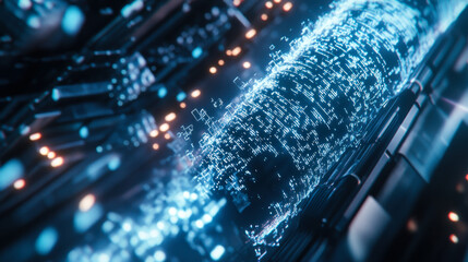 Abstract representation of digital data flow in a futuristic environment with glowing elements and intricate designs