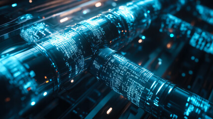 Abstract representation of digital data flow in a futuristic environment with glowing elements and intricate designs