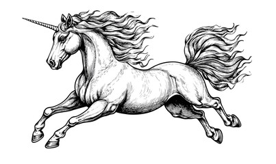 Majestic unicorn with flowing mane in motion, mythical creature - linear style icons set, vector.