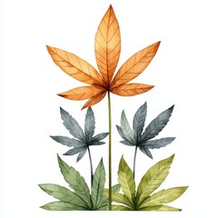 Fototapeta premium A vibrant watercolor illustration of various leaves showcasing hues of green, orange, and gray, perfect for nature-themed designs.
