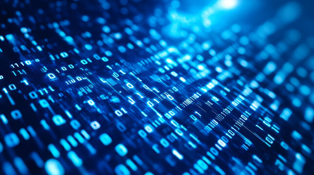 Digital data streams intertwine in vivid blue hues, showcasing binary code patterns in a technological landscape