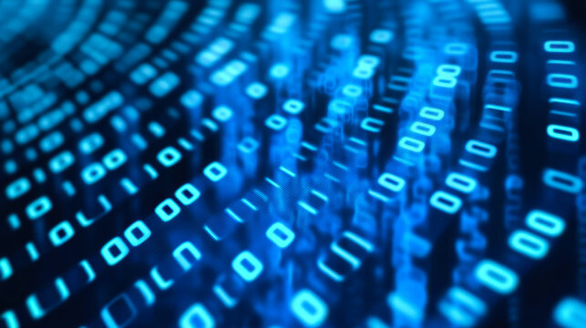 Digital data streams intertwine in vivid blue hues, showcasing binary code patterns in a technological landscape