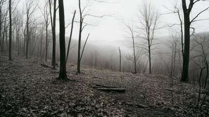 Fototapeta premium A desolate winter forest, devoid of leaves, embodies a stark and haunting beauty, shrouded in muted, misty light.