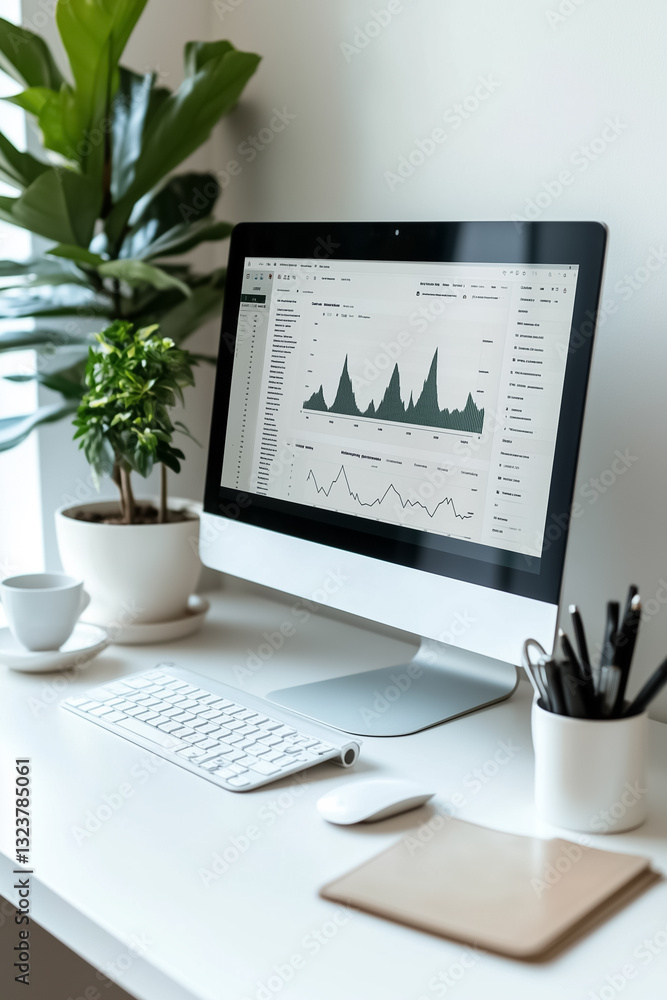Poster a sleek workspace featuring a computer monitor showing analytical graphs and data trends. lush plant