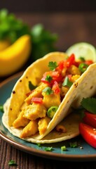 Taco filled with juicy mango chicken curry and topped with crispy habanero pepper strips, mango, topping