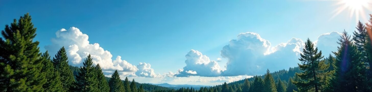 Tall pine trees against blue sky with clouds and sunlight, light, sky, landscape
