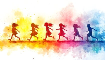 Colorful silhouettes of children running.