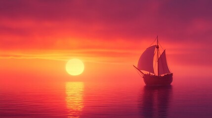 Serene Sunset with a Silhouette of a Sailing Ship Gliding Across Calming Waters under a Vibrant Sky of Pink and Orange Hues in a Peaceful Atmosphere