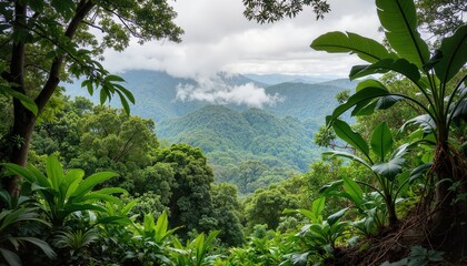 Fototapeta premium Lush rainforest view with mist and exotic plants, adventure spirit