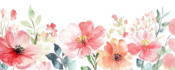 A vibrant watercolor illustration showcasing a beautiful arrangement of delicate flowers and lush green leaves.