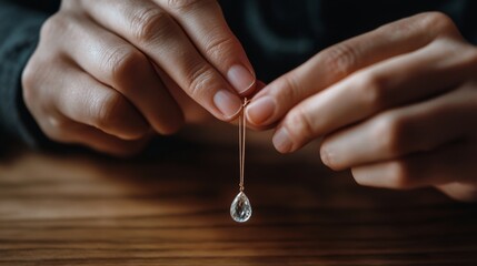 Hands gently hold a delicate pendant with a crystal drop, capturing a moment of elegance and fragile beauty against a wooden backdrop.