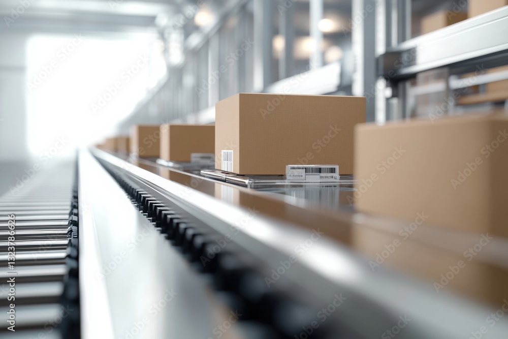 Poster automated assembly line: close-up of a modern automated assembly line, showcasing a series of cardbo