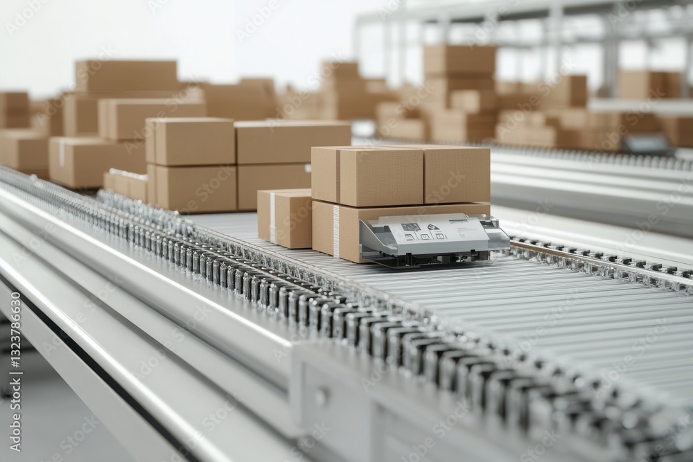 Poster automated logistics: close-up of an automated guided vehicle (agv) transporting cardboard boxes alon