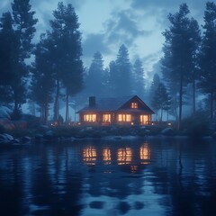 Cozy cabin by lake at twilight.