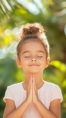 Fototapeta premium Girl meditating outdoors with hands in prayer position