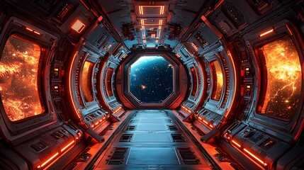 Obraz premium Futuristic spaceship corridor with glowing lights, revealing a starry space backdrop