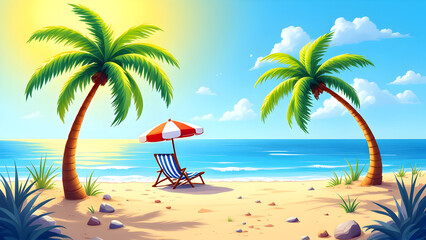 Obraz premium Idyllic Tropical Beach Scene with Palm Trees, Sunlit Ocean Waves, and Relaxing Lounge Chair Under a Red and White Umbrella – Perfect Summer Vacation Concept.