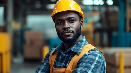a serious looking man wearing an safety helmet posing confidently. he is a skilled factory worker in a heavy industrial setting.