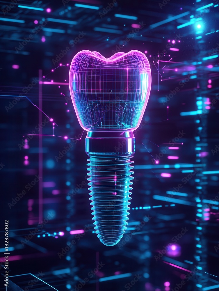 Poster futuristic glowing dental implant design in a sleek high-tech interface with neon colors and digital
