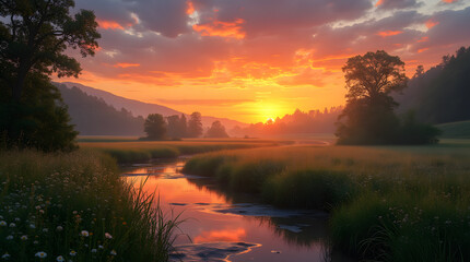 Obraz premium Peaceful River at Sunset: A Tranquil Rural Scene with Vibrant Colors Reflecting in Water, Surrounded by Lush Greenery and Wildflowers.