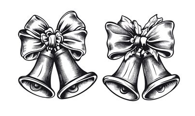 Christmas bells with ribbon vector, linear icons set.