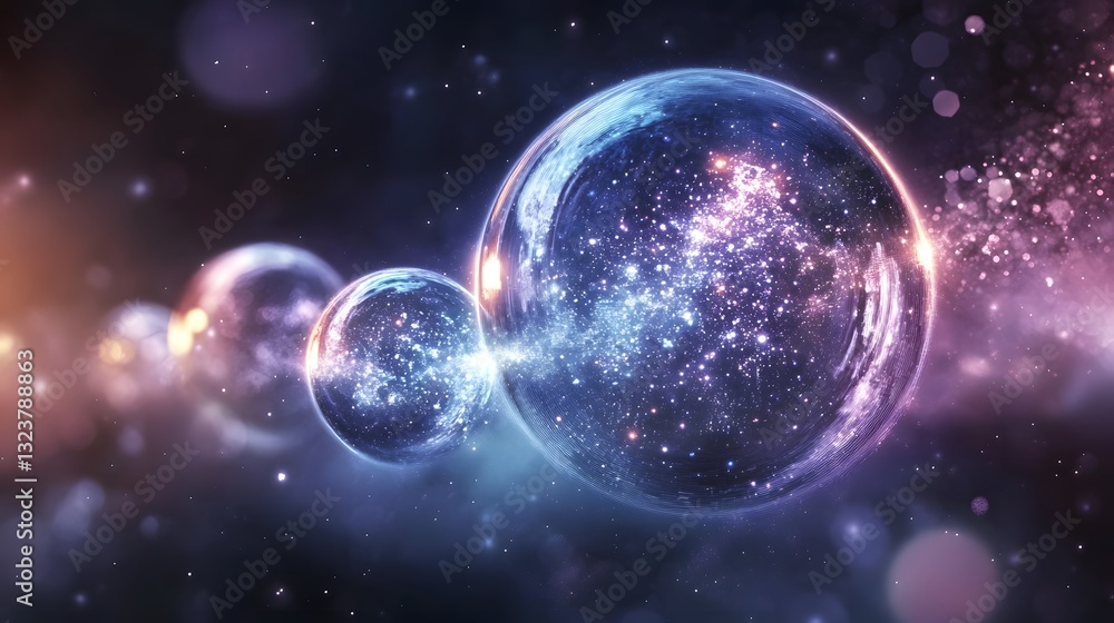 Aufkleber several glowing cosmic spheres floating in a deep space environment