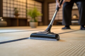 A person cleaning a tatami mat with a vacuum cleaner