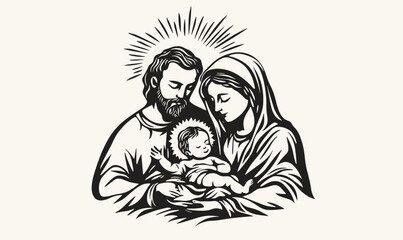Holy family with baby jesus in flat style - vector icons set.