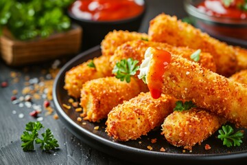 Fototapeta premium Crispy mozzarella sticks with dipping sauces. AI generated