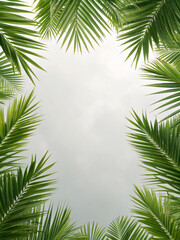 Fototapeta premium Lush Green Palm Fronds Framing a Soft Gray Sky with Textile-Like Texture