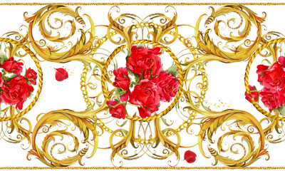 Scarf frame design watercolor illustration for fashion, textile print. With gold chains, red roses