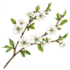 Fototapeta premium beautiful illustration of cherry blossom branch with white flowers and green leaves, symbolizing spring and renewal