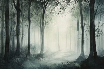 Fototapeta premium Mystical Forest Path: An ethereal forest scene with a path winding through mist-shrouded trees, evoking a sense of mystery and wonder.