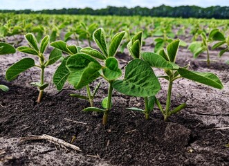Soybeans. Summer green fields under a changing cloudy sky, the sun, which sometimes appears to...