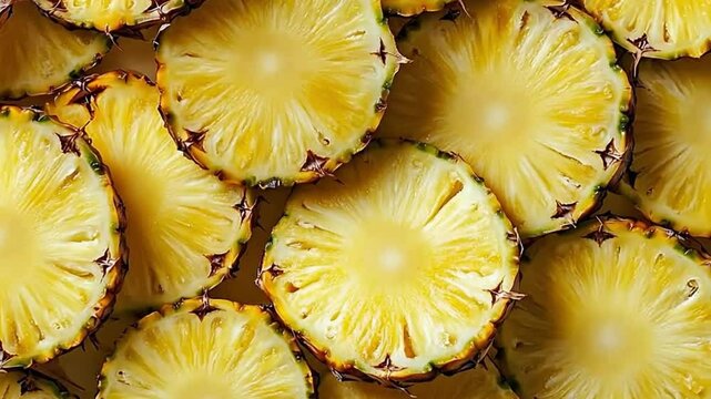 Freshly cut pineapple slices arranged in a visually appealing pattern, showcasing their vibrant yellow color and juicy texture