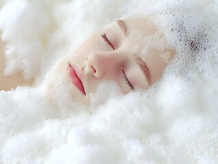 Fototapeta premium A relaxed person immersed in fluffy white bath bubbles peacefully