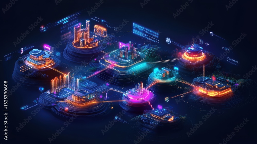 Poster abstract digital network: an intricate network of interconnected digital structures glows with vibra