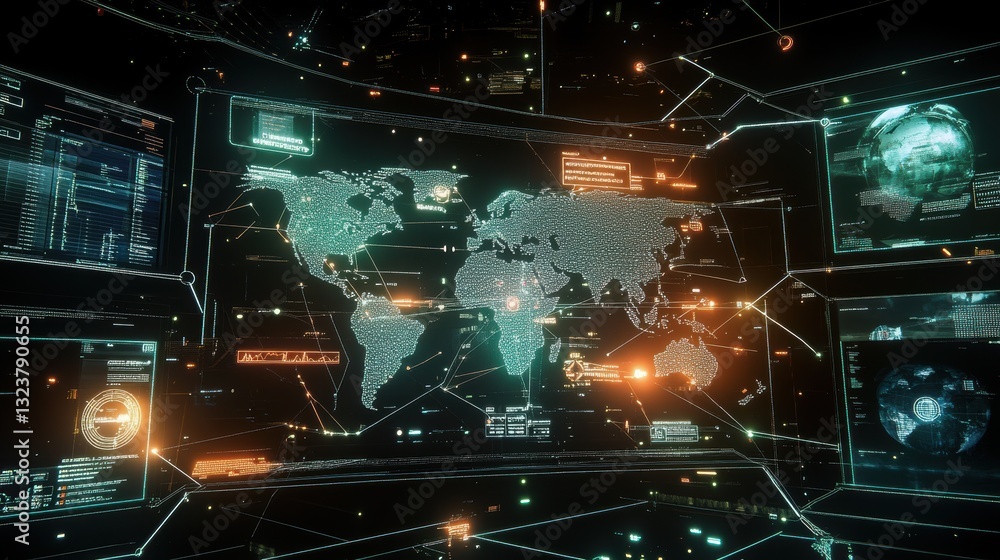 Poster digital world map: a dynamic and interactive digital interface showcases a detailed world map, inter