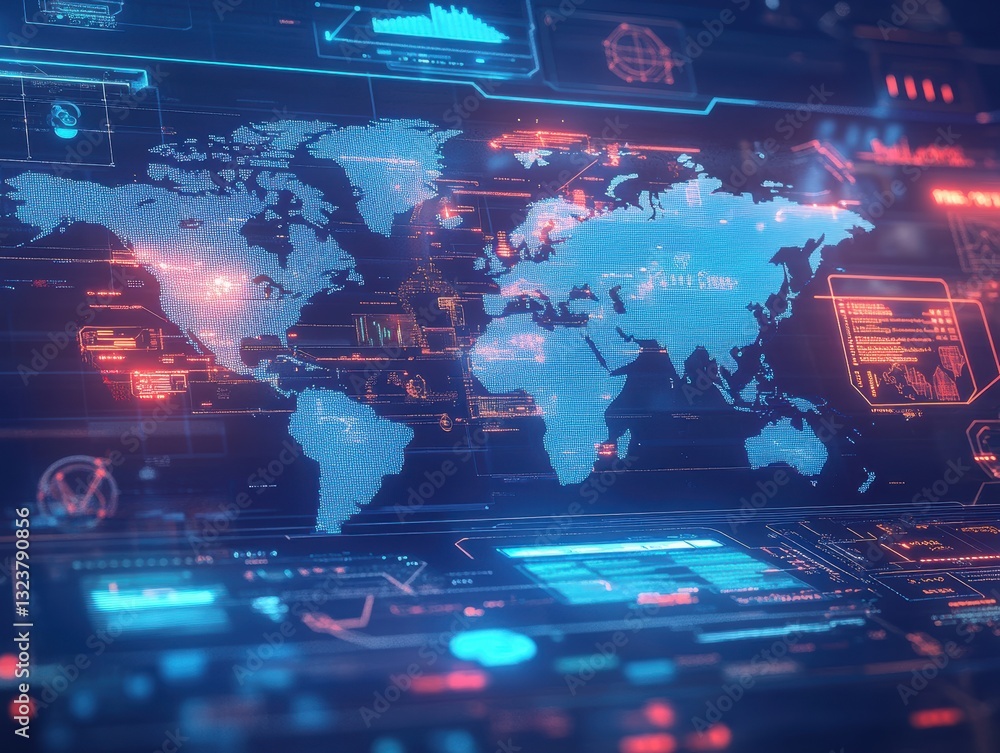 Poster global tech interface: a captivating close-up of a futuristic tech interface displaying a dynamic wo