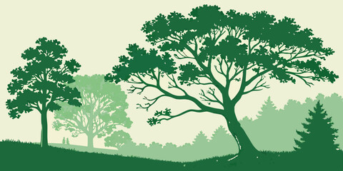 Obraz premium Emerald greenery forest foliage vector background. Green garden trees wedding invitation. Summer leaves card texture. Bokeh lights art.Rustic style save the date.Elegant outdoor party template garland