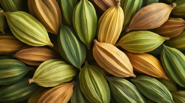 A symphony of textures and hues, a vibrant display of cardamom pods, arranged in a harmonious composition that captures their unique character and natural beauty.