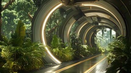 Fototapeta premium Eco-Futuristic Tunnel: A vibrant and unique scene where a futuristic tunnel harmoniously blends with nature, creating an inspiring and immersive experience