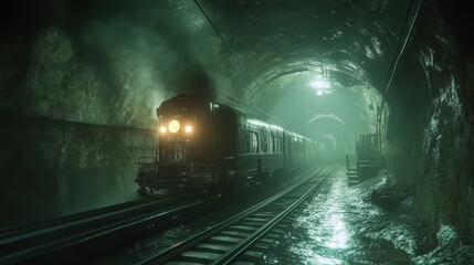 Ghostly Passage: A vintage train travels through a dark, mist-filled tunnel, its headlights cutting through the eerie ambiance. The scene evokes a sense of mystery and suspense.