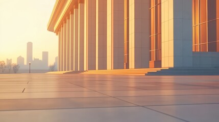 Majestic Modern Building at Sunrise with City Skyline in Background